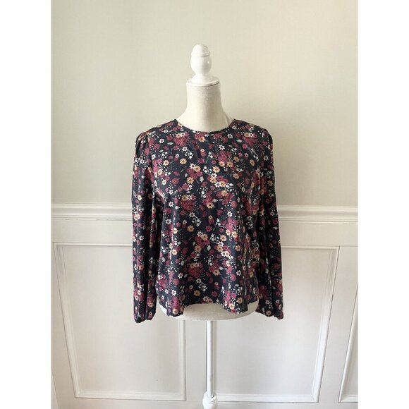 Shein L Floral Long Sleeve Blouse Keyhole Back Black Multicolor - Picture 3 of 7